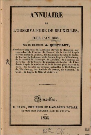 Annuaire de l'Observatoire Royal de Bruxelles. 3, 3. 1836. - 1835