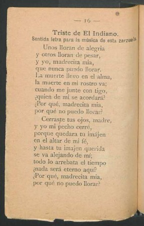Triste de El Indiano. : Sentida letra para la música de esta zarzuela.