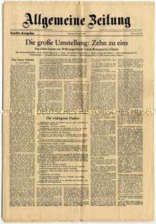 Sonderausgabe der Tageszeitung "Allgemeine Zeitung" zur Währungsreform der amerikanischen, britischen und französischen Militärregierung
