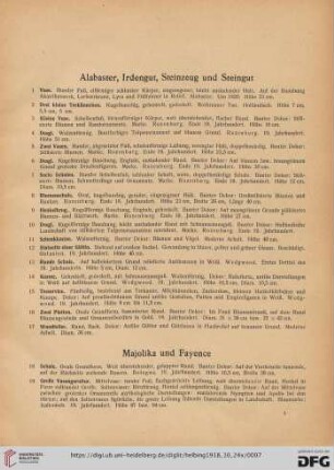 Alabaster, Irdengut, Steinzeug, Steingut, Majolika, Fayence (Nr. 1-47)