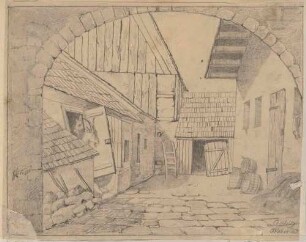 Hinterhof einer Bauernwirtschaft in Coschütz (Dresden-Coschütz) oder Cossebaude (Dresden-Cossbaude) mit Ziegen im Stall