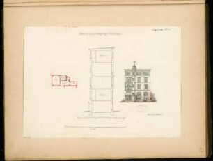 Wohnhaus mit Laden Monatskonkurrenz April 1877: Grundriss Dachgeschoss, Aufriss Gartenansicht, Querschnitt; Maßstabsleiste