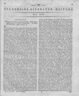Bibliothèque philosophique. I. Serie, I. Livraison. II. Serie, IV. Livraison. Brüssel: Philosophische Buchhandlung 1829