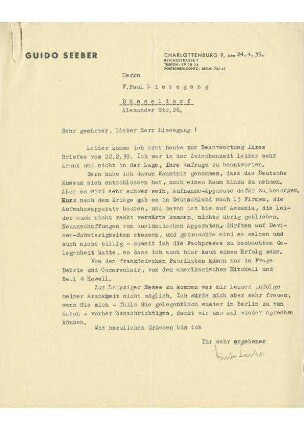 Brief von Guido Seeber an F. Paul
                        Liesegang zur Ausstellungserweiterung hinsichtlich Film im Deutschen Museum,
                        1939