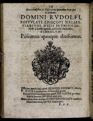 Reverendißimi & Illustrißimi quodam Principi ac Domino Domini Rudolfi, Postulati Episcopi Halberstadensis [...]