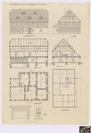 Leutersdorf (Kreis Zittau): Gemeindegut. - Haupthaus (Ost-Seiten-Ansicht, Süd-Giebel-Ansicht, Längsschnitt A-B, Querschnitt C-D, Grundriss des Erdgeschosses, Grundriss des Obergeschosses). - Hauseingang (Teil-Ansicht). - Fenster neben der Haustür (Ansicht)