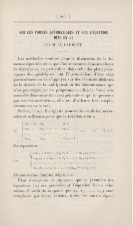 Sur les formes quadratiques et sur l'équation dite en s.