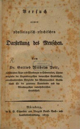 Versuch einer physiologisch-psychischen Darstellung des Menschen