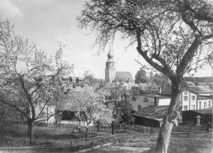 Colmnitz (Pretzschendorf-Colmnitz). Ortsteilansicht (Mitteldorf) mit Pfarrkirche (Umbau 1780) von Südwest
