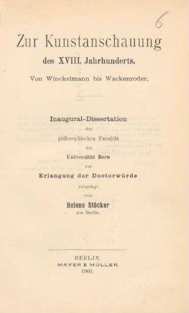 Zur Kunstanschauung des XVIII. Jahrhunderts : von Winckelmann bis Wackenroder