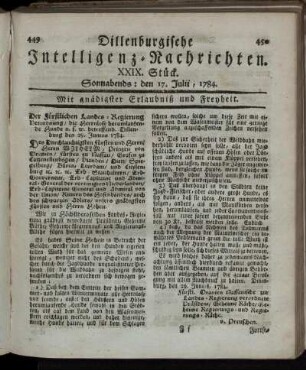 XXIX. Stück. Sonnabends: den 17. Julii, 1784.