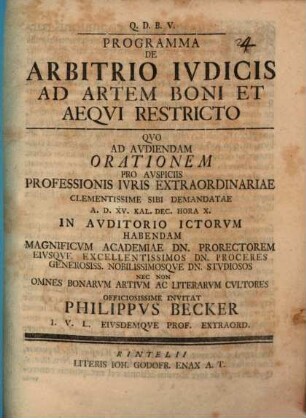 Programma de arbitrio iudicis ad artem boni et aequi restricto