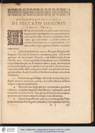 Disputationis Theologicæ, de Peccato originis.