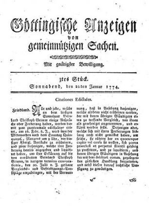 3tes Stück. Sonnabend, den 22ten Januar 1774.