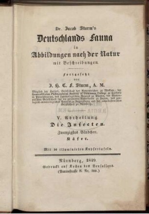Abth. 5, Bdch. 20: Deutschlands Fauna in Abbildungen nach der Natur mit Beschreibungen. Abth. 5. Deutschlands Insecten. Bdch. 20