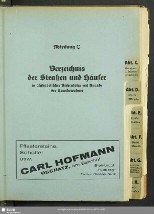 Abteilung C. Stadt Oschatz Häuserbuch : Abteilung C. Verzeichnis der Straßen und Häuser in alphabetischer Reihenfolge mit Angabe der Hausbewohner