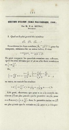 Questions d'examen (École Polytechnique, 1860).