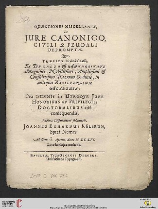 Quaestiones Miscellaneae, Ex Jure Canonico, Civili & Feudali Depromptae