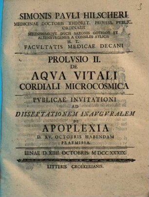 Prolusio ... de aqua vitali cordiali microcosmica, Prolusio II