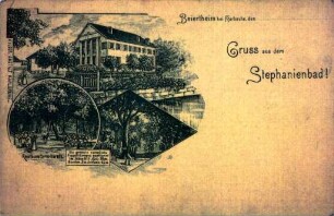 Stephanienbad Beiertheim und Albverlegung. "Beiertheim bei Karlsruhe. Gruß aus dem Stephanienbad!"