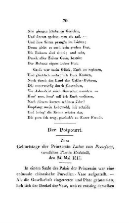 Der Potpourri. Zum Geburtstage der Prinzessin Luise von Preussen, vermählten Fürstin Radziwill, den 24. Mai 1817