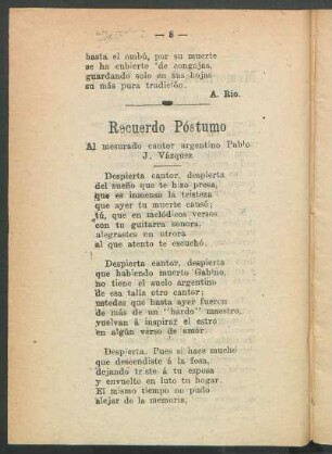 Recuerdo Póstumo : Al mesurado cantor agrentino Pablo J. Vázquez