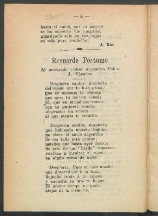 Recuerdo Póstumo : Al mesurado cantor agrentino Pablo J. Vázquez