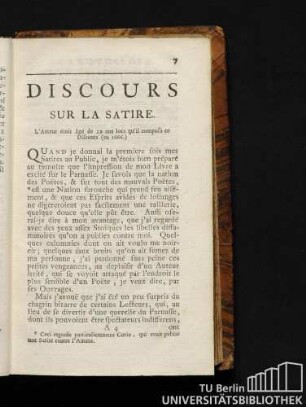 Discours sur la Satire. L'auteur étoit âgé de 29 ans qu'il composa ce Discours (en 1666.)