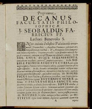 Programma Decanus Facultatis Philosophicæ J. Seobaldus Fabricius PP. Lectori Benevolo S.