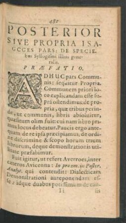 Posterior Sive Propria Isagoges Pars: De Speciebus Syllogismi illius generalis.