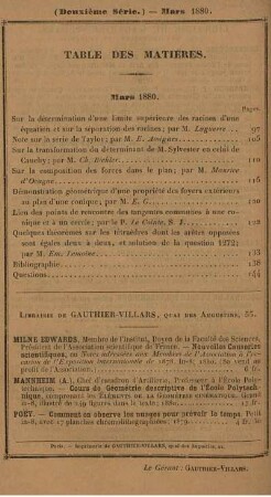 Table des matières. Mars 1880.
