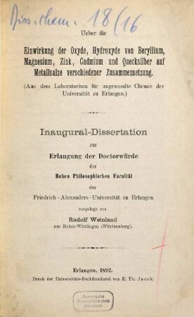 Über die Einwirkung der Oxyde, Hydroxyde von Beryllium, Magnesium, Zink, Cadmium und Quecksilber auf Metallsalze verschiedener Zusammensetzung