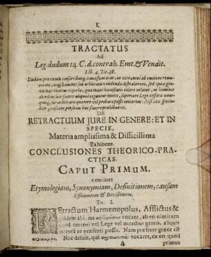 Caput Primum. continet Etymologiam, Synonymiam, Desinitionem, causam Efficientem & Divisionem.
