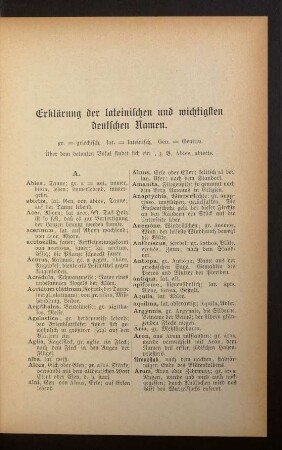 Erklärung der lateinischen und wichtigsten deutschen Namen.