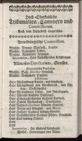 Hoch-Oberkeitliche Tribunalien, Cammern und Commissionen