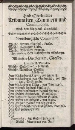 Hoch-Oberkeitliche Tribunalien, Cammern und Commissionen