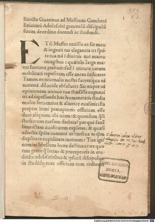 De ordine docendi ac studendi : gewidmet Maffeius Gambara. Mit Brief an den Autor von Guarinus Veronensis und Schlußwort in Griech. und Lat.