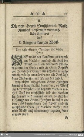 II. Die von Herrn Consistorial-Rath Reinbeck verfertigte vermuthliche Antwort auf D. Langes kurtzen Abriß