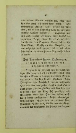 Des Alexandros fernere Eroberungen; er laeßt den Philotas und den Parmenio hinrichten