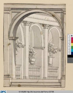 Kassel: Entwurf für eine Wanddekoration: Blick durch einen Architekturrahmen auf Arkaden mit bepflanzten Vasen