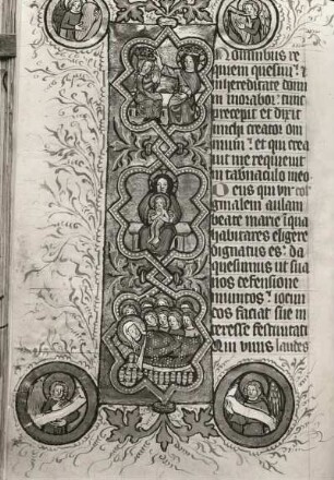 Missale, Randleiste mit Marienkrönung, Madonna und Marientod