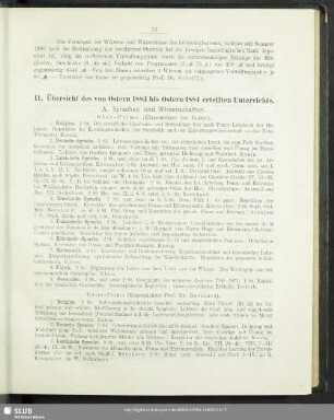II. Übersicht des von Ostern 1883 bis Ostern 1884 erteilten Unterrichts