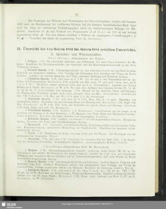 II. Übersicht des von Ostern 1883 bis Ostern 1884 erteilten Unterrichts