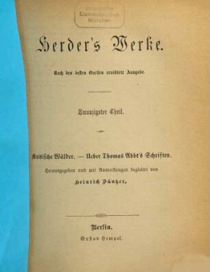 Herders Werke, 20. Kritische Wälder. Ueber Thomas Abbt's Schriften