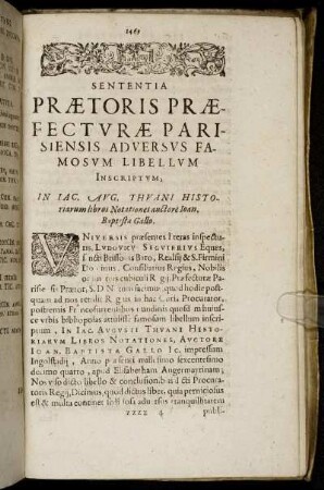 Sententia Prætoris Præfecturæ Parisiensis Adversus Famosum Libellum Inscriptum.