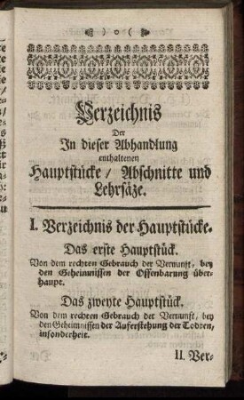 Verzeichnis Der In dieser Abhandlung enthaltenen Hauptstücke / Abschnitte und Lehrsäze.