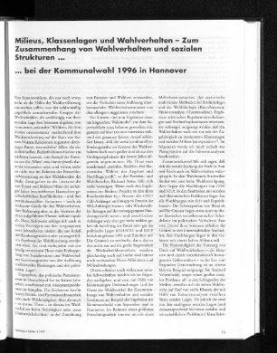 Milieus, Klassenlagen und Wahlverhalten - Zum Zusammenhang von Wahlverhalten und sozialen Strukturen...bei der Kommunalwahl 1996 in Hannover