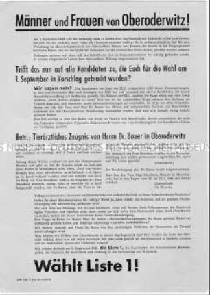 Propagandaflugblatt der SED zu den Gemeindewahlen 1946 mit scharfer Polemik gegen den Kandidaten der CDU
