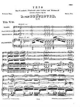 Beethoven's Werke, 91 = Serie 11: Trios für Pianoforte, Violine und Violoncell. Trio für Pianoforte, Clarinette oder Violine und Violoncell : op. 38