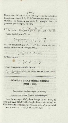 Concours a l'École Spéciale Militaire (année 1876).